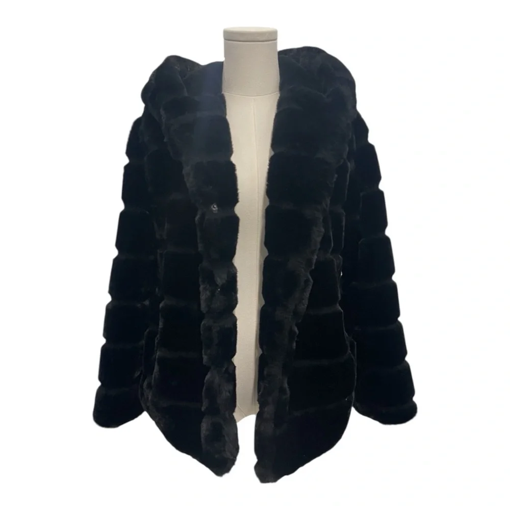 Women’s APPARIS Goldie Black Faux Fur Hooded Short Coat XS Chic Grunge Cozy - Picture 13 of 16